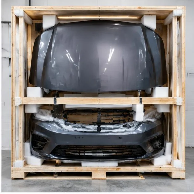 Hood and bumper protected inside a reinforced wooden export crate
