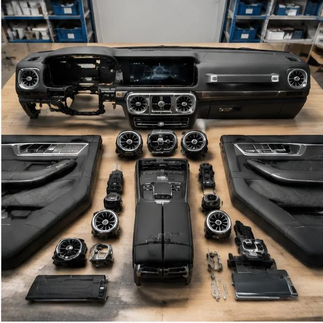 Detached off-road dashboard, console and door panels with circular vent components