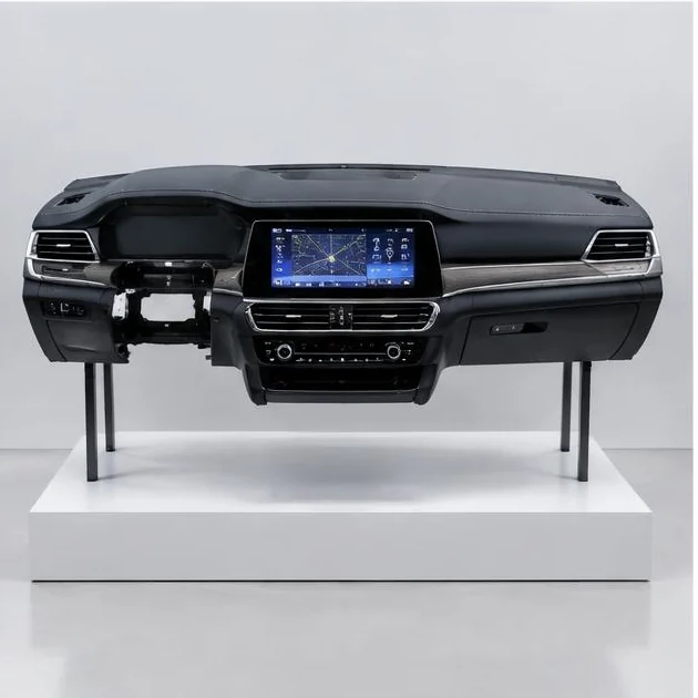 Detached stitched dashboard assembly with integrated display — illustrative