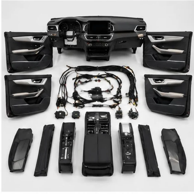 Interior dashboard, console, door panels and harnesses arranged as a kit