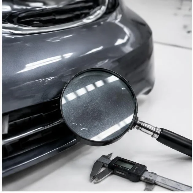 Bumper surface inspected with a magnifier and measuring caliper