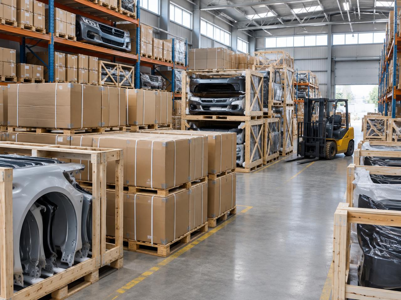 Export warehouse with crated automotive parts — illustrative
