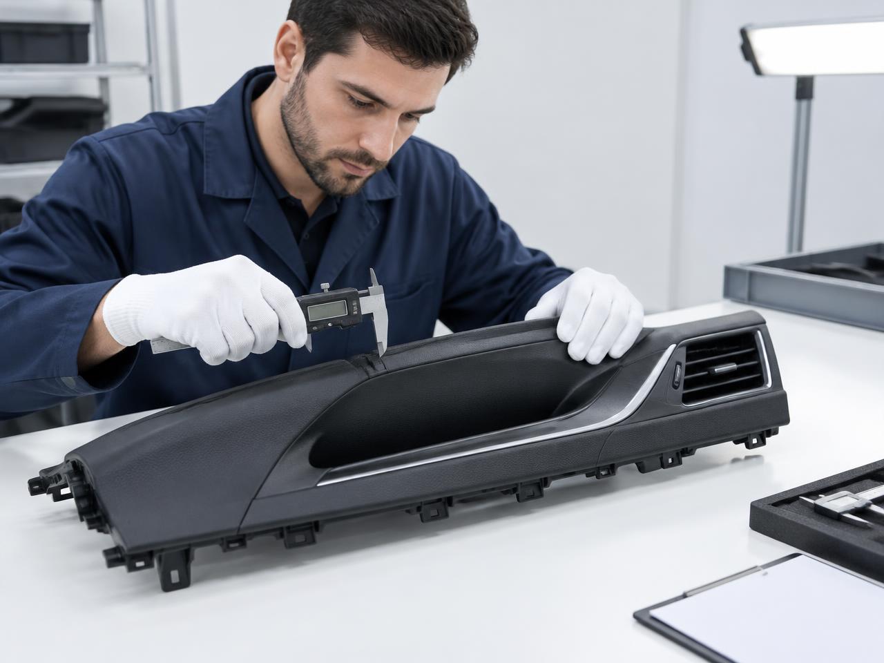 Inspector measuring an interior trim panel — illustrative