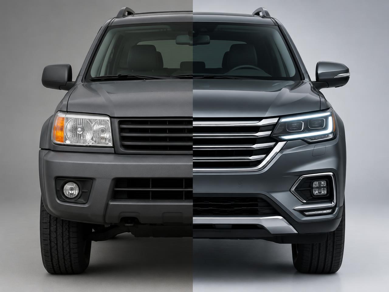 Illustrative front-end facelift concept — older front end on the left, modernized on the right